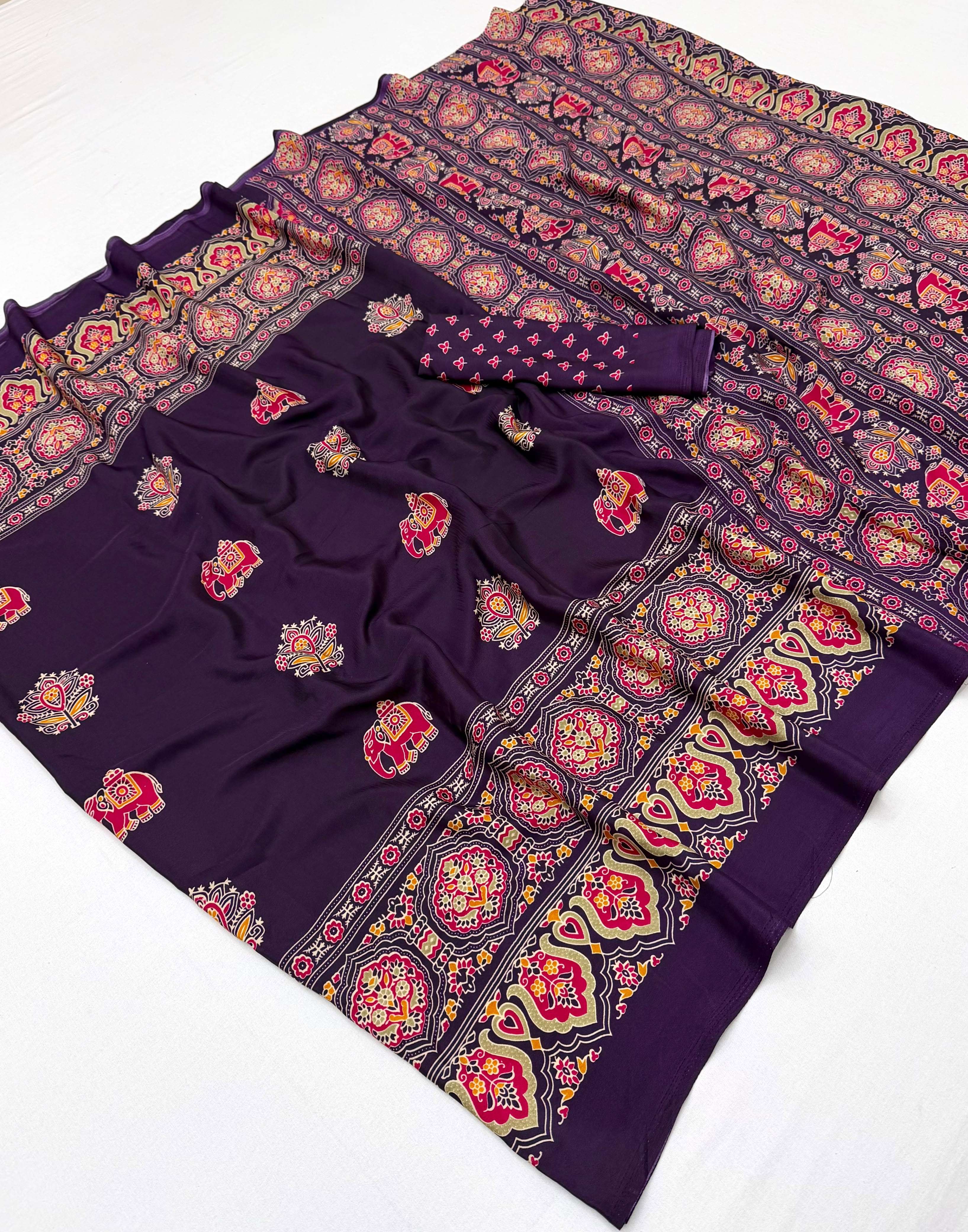 Ajrakh Luxe beautiful and elegant Printed ajrakh satin crepe fabric party wear saree reseller in surat Ajrakh Luxe beautiful and elegant Printed ajrakh satin crepe fabric party wear saree reseller in surat
